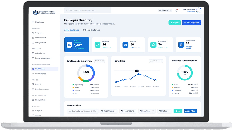 HRMIS employee management interface shown on a laptop